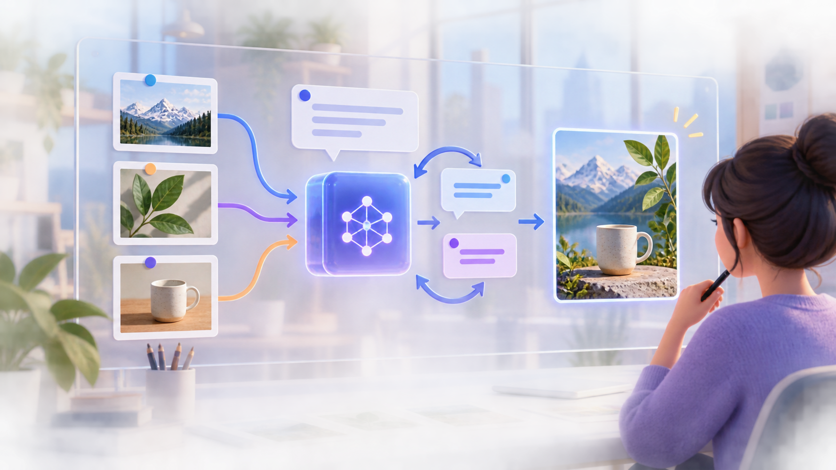 Illustration of reference images and instructions flowing through an AI image editing workflow